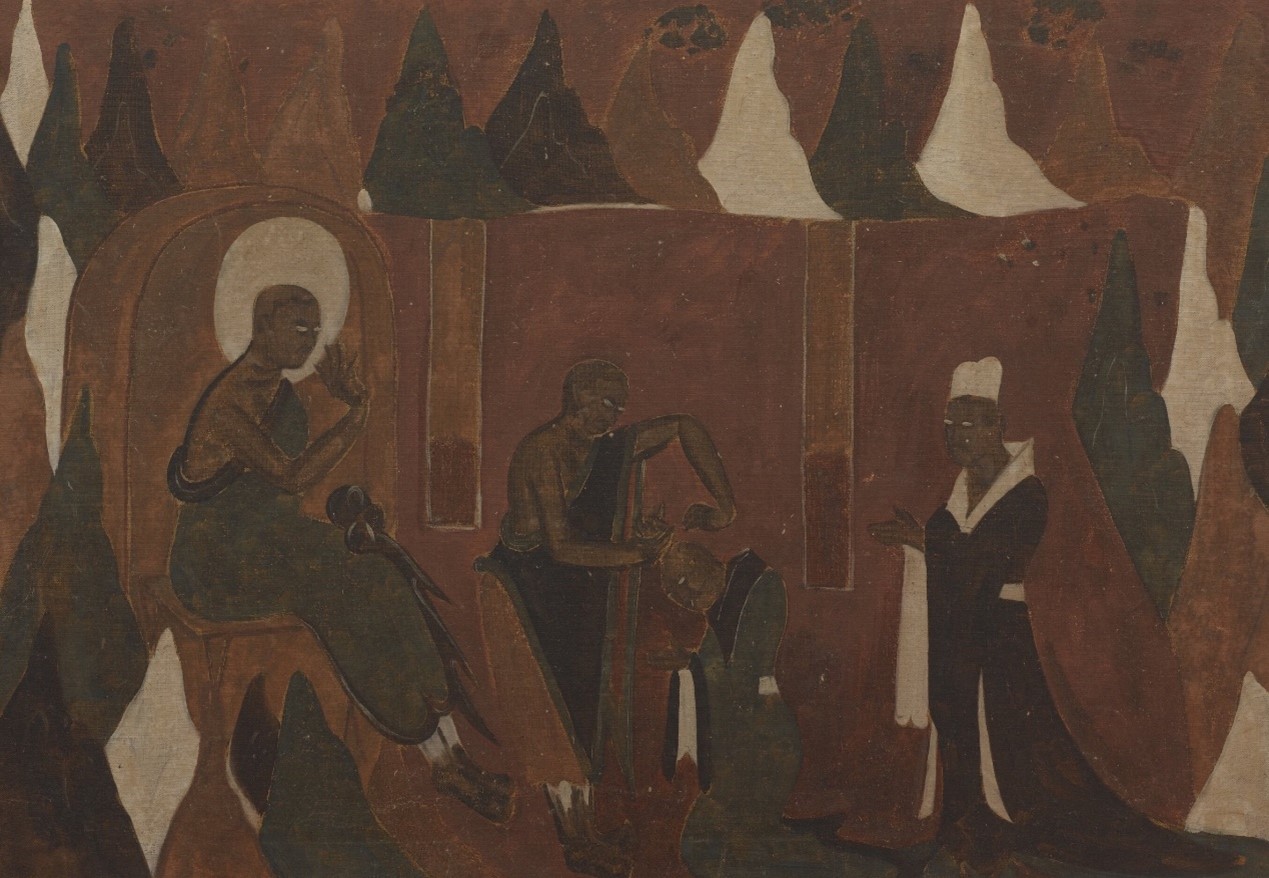 <h2>摹绘落发图（敦煌257窟）</h2><p>作者：韩乐然</p><p>创作年代：1946年</p><p>规格：65.5cm×93cm</p>品类：纸本水墨</p>